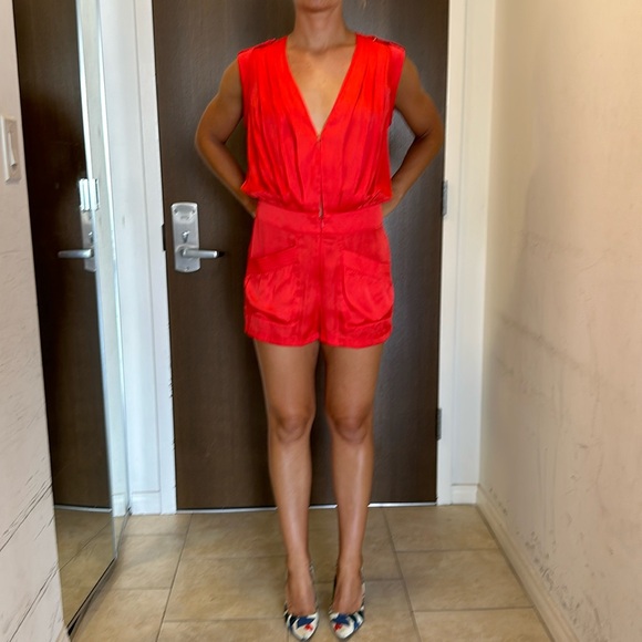 BeBe Vibrant Poppy Red Romper with Pockets, Gold Buttons, Hidden Zipper & Hooks - Picture 13 of 13